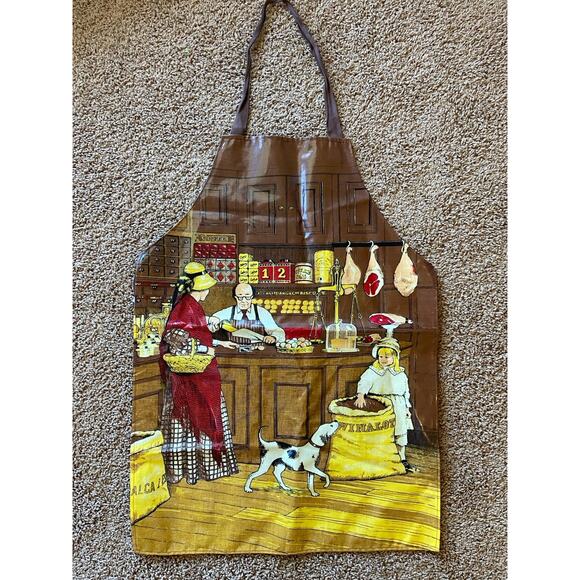 Vintage VTG 90s SARI PVC Oil Cloth Apron Victorian Grocery Store Butcher England - Picture 1 of 11